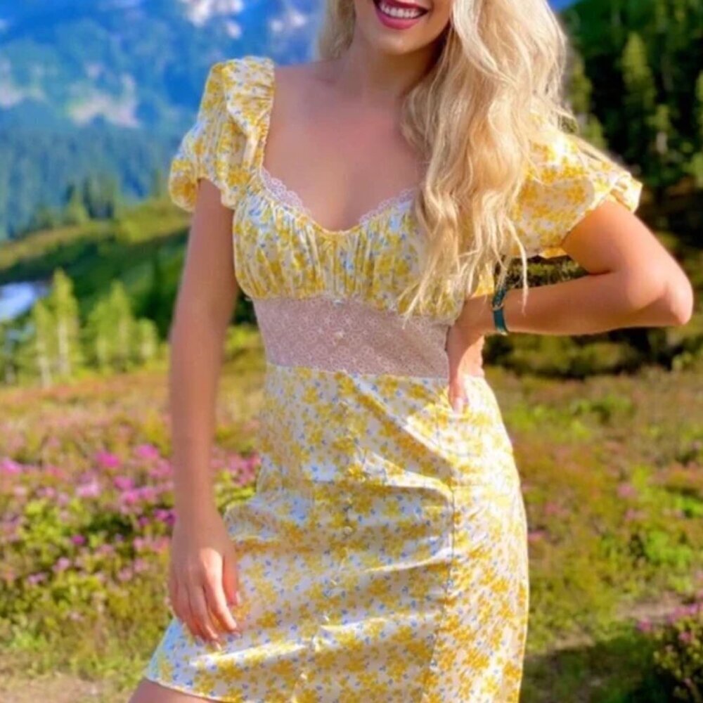 For Love & Lemons Dress Daffodil Floral Sheer Puff Sleeve Lace Mini Size Small